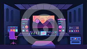 A techheavy editing suite with large screens displaying abstract animations enhanced by soft programmable lighting that