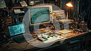 Techlab workstation with computer systems and electronics on tab