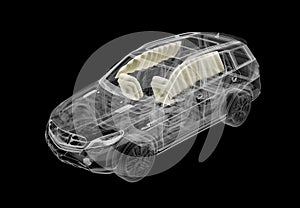 Technical 3d illustration of SUV car with x-ray effect and airbags system