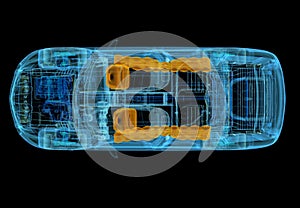 Technical 3d illustration of SUV car with x-ray effect and airbags system