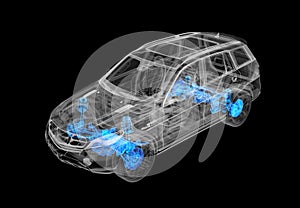 Technical 3d illustration of SUV car with x-ray effect. brakes and suspension systems