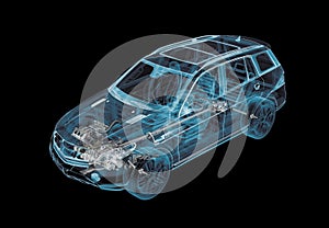 Technical 3d illustration of SUV car with x-ray effect and powertrain system