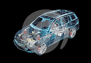 Technical 3d illustration of SUV car with x-ray effect and powertrain system