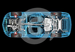 Technical 3d illustration of SUV car with x-ray effect and powertrain system