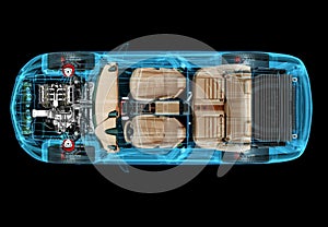 Technical 3d illustration of SUV car with x-ray effect. Top view