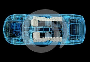 Technical 3d illustration of SUV car with xray effect and airbags system