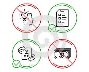 Technical algorithm, Idea and Checklist icons set. Payment sign. Project doc, Professional job, Data list. Vector