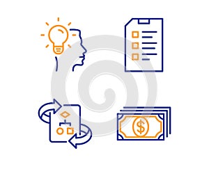 Technical algorithm, Idea and Checklist icons set. Payment sign. Project doc, Professional job, Data list. Vector