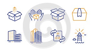 Technical algorithm, Skyscraper buildings and Open box icons set. Send box, Buildings and Lighthouse signs. Vector
