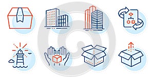 Technical algorithm, Skyscraper buildings and Open box icons set. Send box, Buildings and Lighthouse signs. Vector