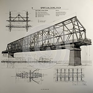 Detailed Structural Blueprint of a Bridge with Beams, Supports, and Cable System photo