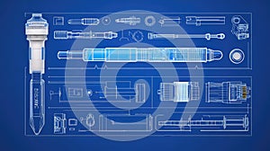 Technical blueprint drawing of complex engineering product design
