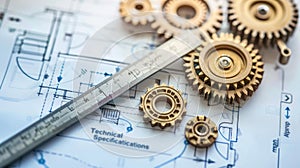Technical blueprint of mechanical engineering with gears and drafting tools
