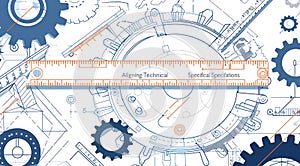 Technical blueprint of mechanical engineering with gears and drafting tools