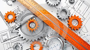 Technical blueprint of mechanical engineering with gears and drafting tools