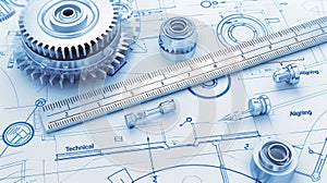 Technical blueprint of mechanical engineering with gears and drafting tools