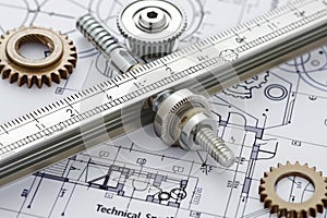 Technical blueprint of mechanical engineering with gears and drafting tools