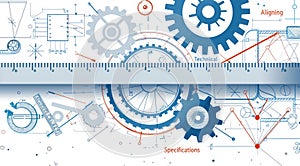 Technical blueprint of mechanical engineering with gears and drafting tools