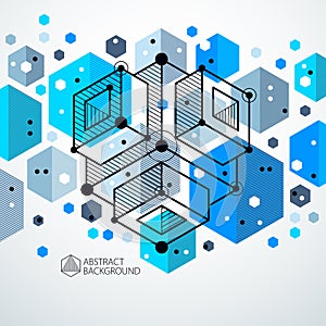 Technical blueprint, vector blue digital background with geometric design elements, cubes. Engineering technological wallpaper