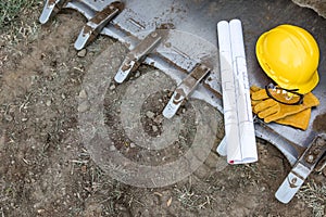 Technical Blueprints, Hardhat, Gloves and Protective Glasses