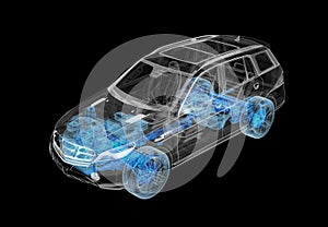 Technical 3d illustration of SUV car with x-ray effect and powertrain system