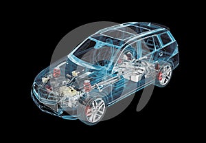 Technical 3d illustration of SUV car with x-ray effect and powertrain system photo