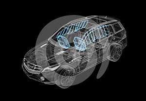 Technical 3d illustration of SUV car with xray effect and airbags system