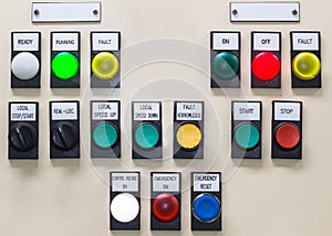 Technical display on control panel with electrical equipment devices cabinet,light