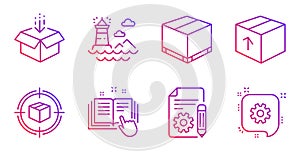 Technical documentation, Lighthouse and Delivery box icons set. Vector