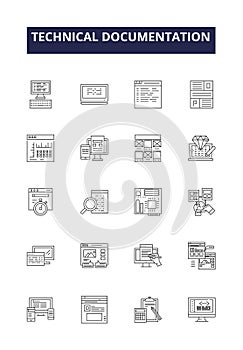 Technical documentation line vector icons and signs. Guide, Help, Support, Tutorial, Knowledgebase, Manuals, Directives photo