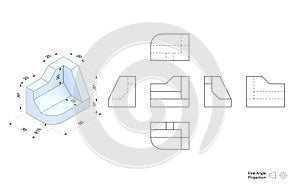 Technical drawing of a 3D model with a perspective and orthogonal views.