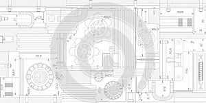 Technical drawing background .Mechanical Engineering drawing.Rotating gears.Vector illustration.