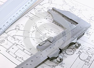 Technical drawing with caliber and ruler