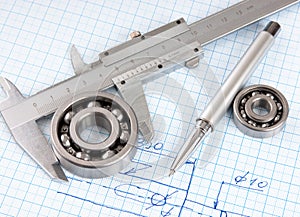 Technical drawing and callipers with bearing