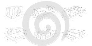 Technical drawing of details.Engineering technology design.A set of mechanical parts.Vector illustration