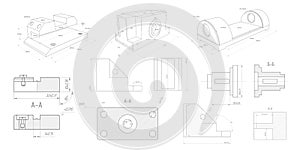 Technical drawing of details.Engineering technology design.A set of mechanical parts.Vector illustration