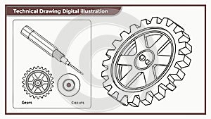 Technical Drawing Elements: Gears and Engineering Tools. vector design Generative AI