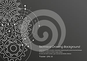 Technical drawing of gears on a black background.Engineering Technology Project. Industrial mechanics Vector illustration.