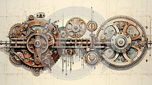 Technical Drawing of Gears illustration background, AI generation