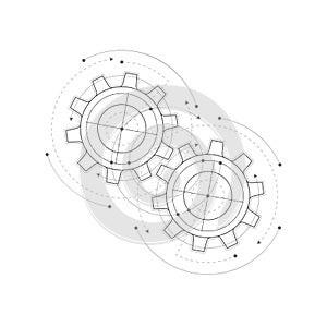 Technical drawing of gears .Rotating mechanism of round parts .Machine technology. Vector illustration.