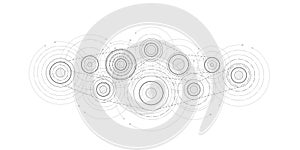 Technical drawing of gears .Rotating mechanism of round parts. School physics.Machine technology. Vector illustration.