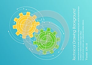 Technical drawing of gears .Rotating mechanism of round parts .Technological bright background.Machine technology. Vector illustra