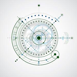 Technical drawing made using dashed lines and geometric circles.