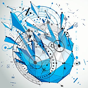 Technical drawing made using lines mesh and geometric circles.