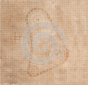 Technical drawing of the mechanism of the car on the old sheet of paper a illustration.