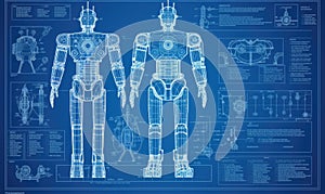 Technical drawing of robot displays its intricate mechanical structure and components. Creating using generative AI tools