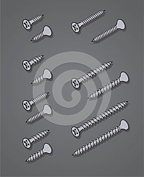 Technical drawing of screws in isometric view