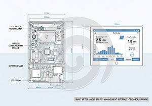 A technical drawing shows an electricity smart meter and home energy management interface. The