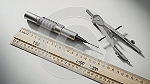 Technical drawing tools with ruler and compass for precision drafting