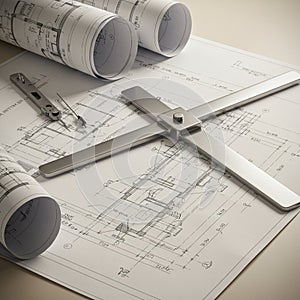 Technical drawings and blueprints are spread on a table, accompanied by drafting